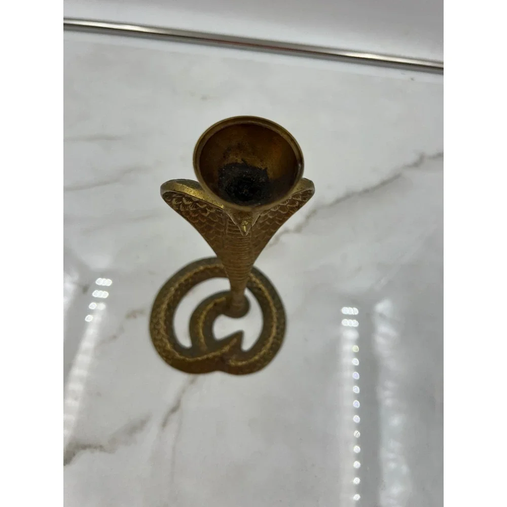 Vintage Solid Brass Cobra Snake Candlestick Holder Etched Coiled Base 8.5 Inch